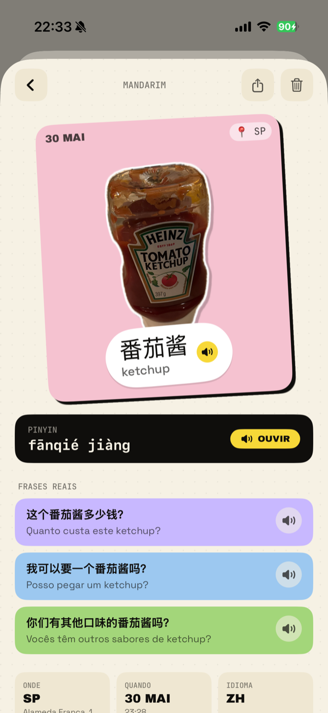 print real do Hanko: ketchup fotografado virou 番茄酱 com pinyin “fānqié jiàng”, botão ouvir e três frases reais em mandarim